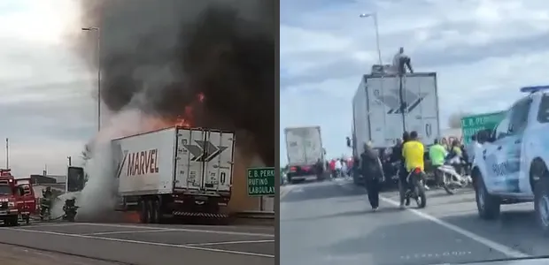 Vedia: un camión que transportaba carne se incendió en la ruta y la gente aprovechó para aprovisionarse